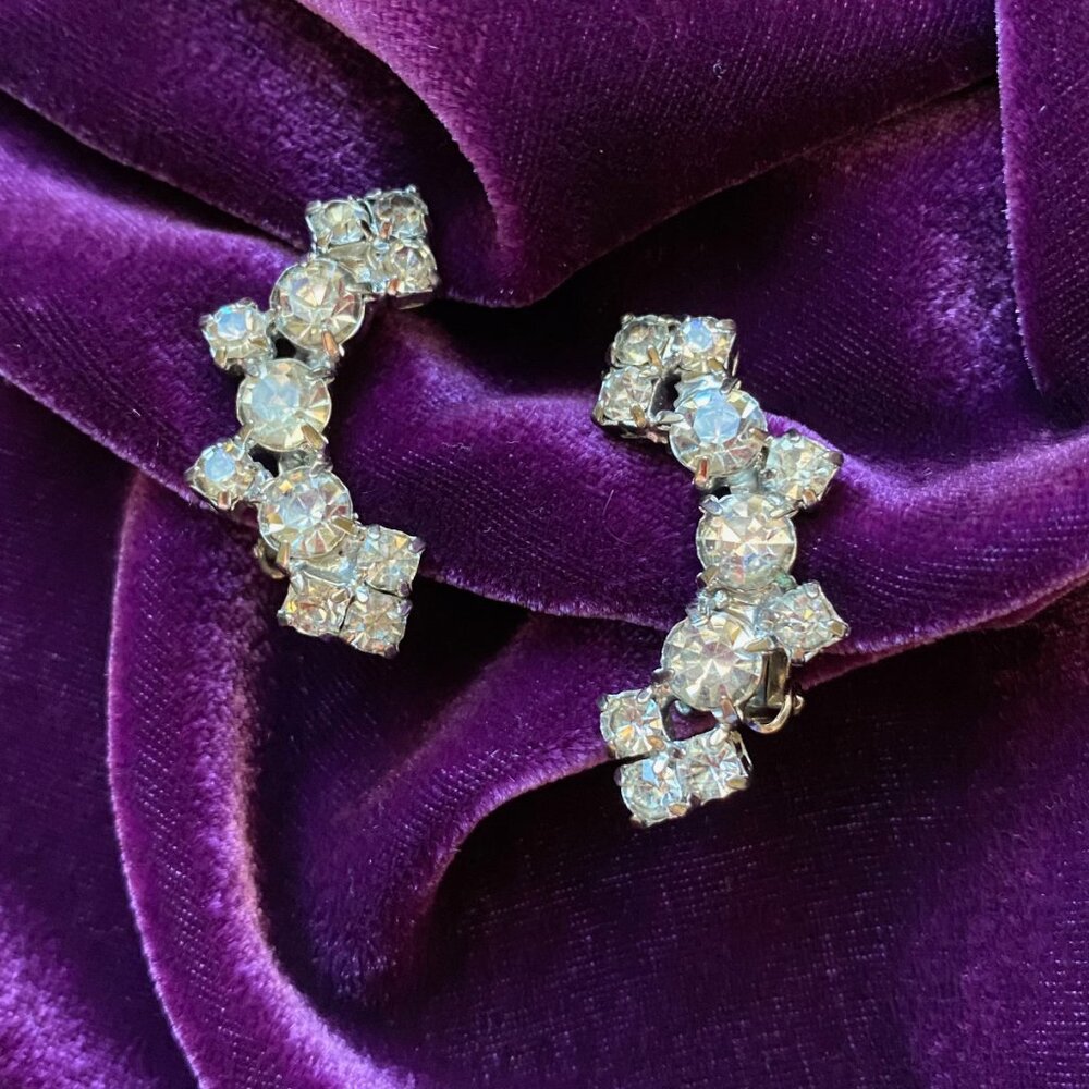 Vintage Rhinestone Ear Climber Clip On Earrings